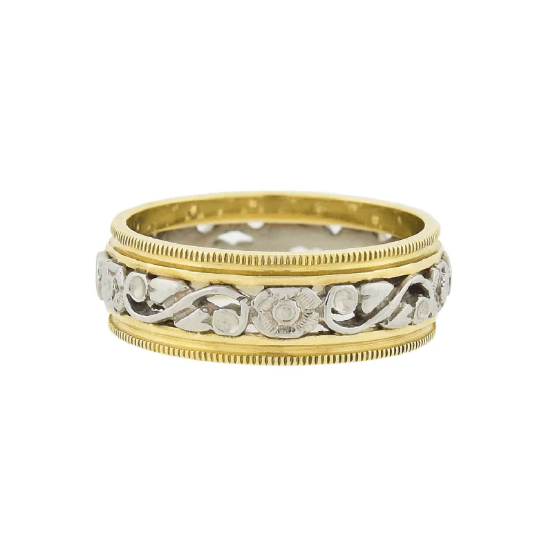 Women’s platinum engagement rings-Retro 14kt Yellow + White Gold Mixed Metals Carved Floral Band