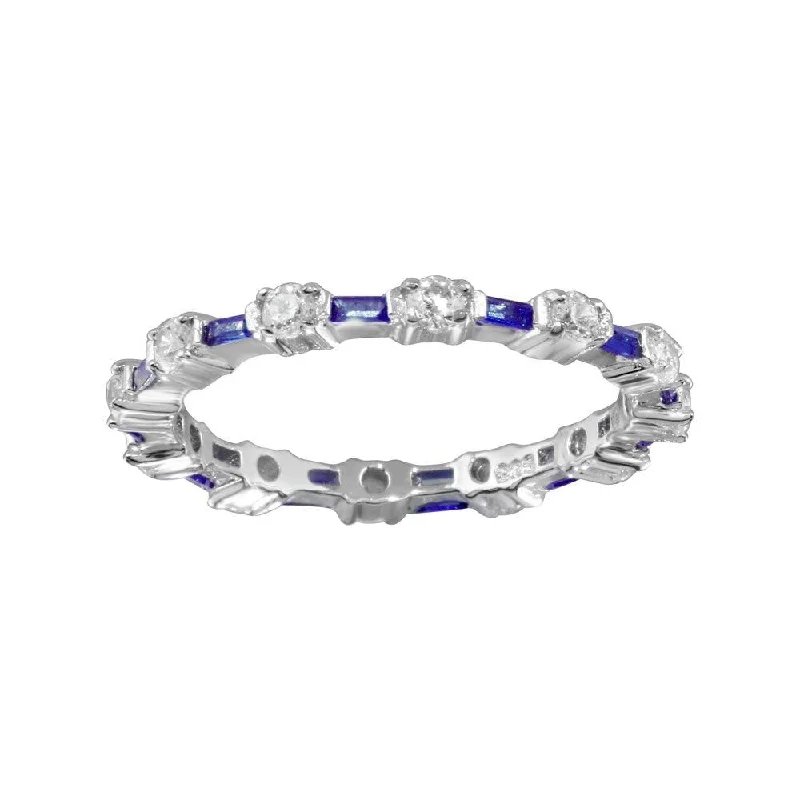 Women’s stackable gemstone rings-925 Sterling Silver Alternating Blue Clear CZ Eternity Band - BGR01311BLU