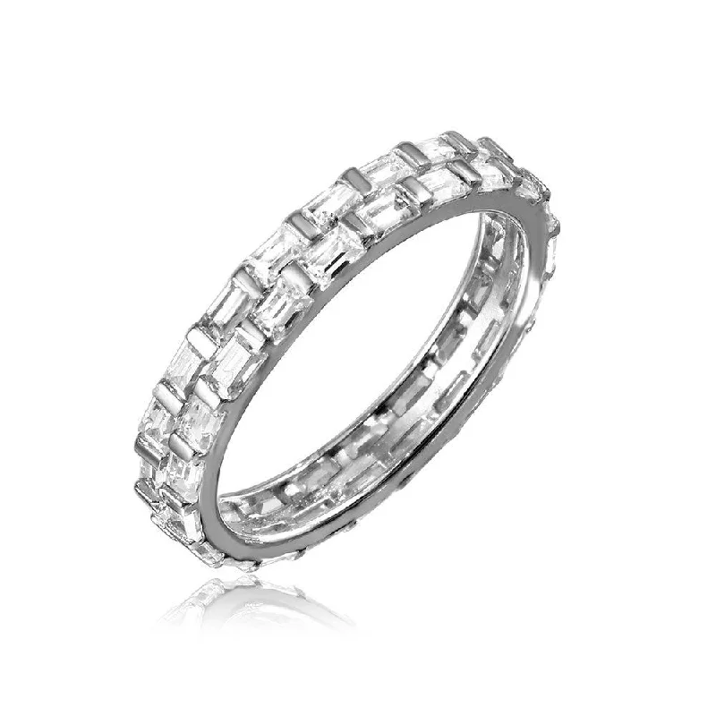 Women’s gold promise rings-Silver 925 Rhodium Plated Baguette CZ Double Band - GMR00106