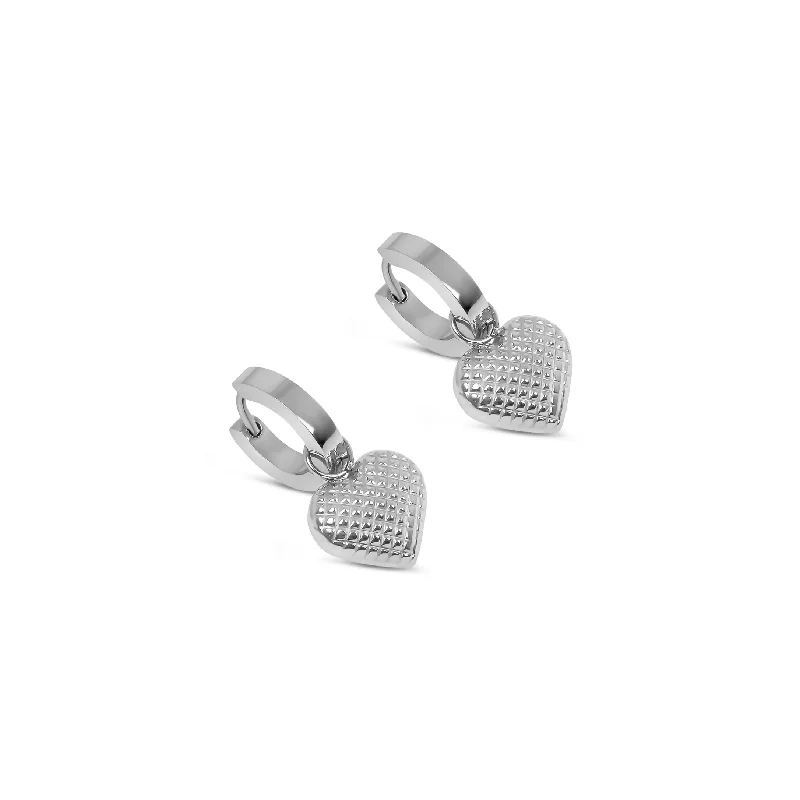 Women’s large statement earrings-Heart Pendant Huggie Earrings - Silver