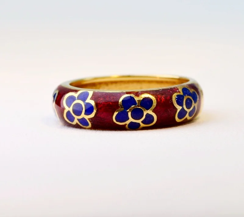 Women’s wedding sets-18K Red Enamel band with blue enamel flowers