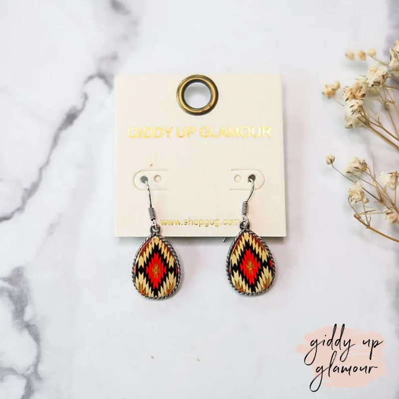 Women’s gold earrings-Small Teardrop Dangle Earrings in Red Aztec