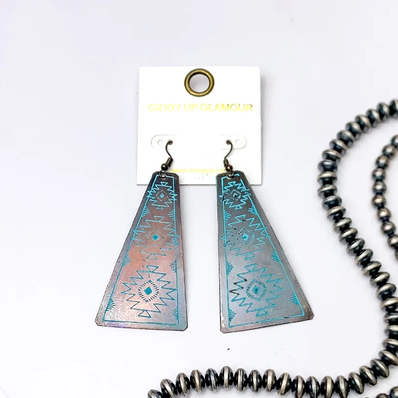 Women’s birthstone earrings-Aztec Tooled Earrings in Turquoise and Copper Tone