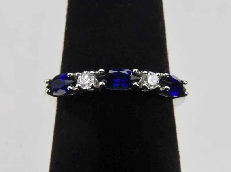 Women’s stackable wedding rings-Vintage Sapphire and Cubic Zirconia Sterling Silver Band - Size 5