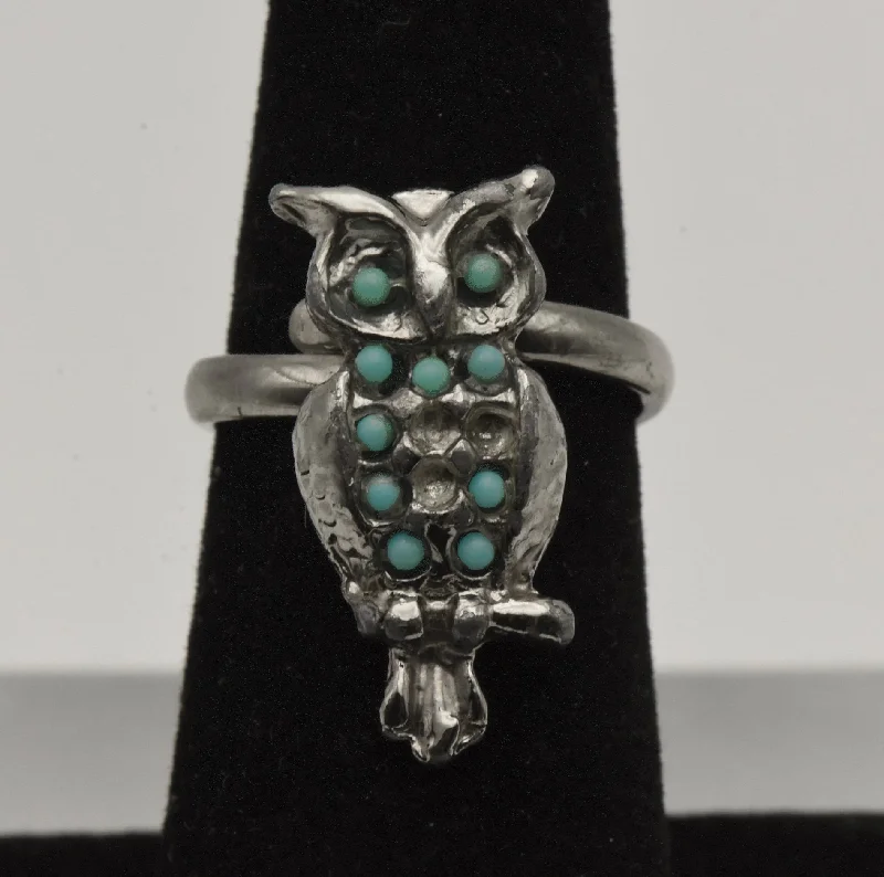 Women’s gold-plated rings-Vintage Owl with Faux Turquoise in Silver Tone Metal - Adjustable Size