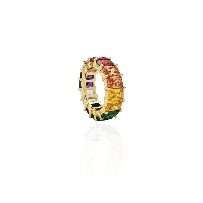 Women’s luxury wedding rings-Emerald-Cut Rainbow Stone Eternity Band (Silver)