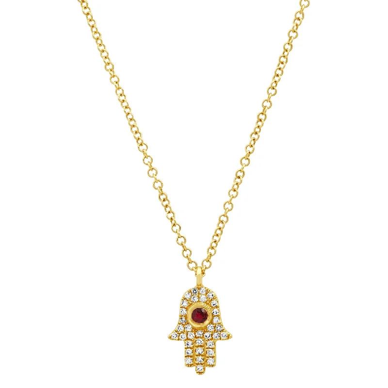 Women’s pendant necklaces-Mini Diamond Hamsa Necklace with Ruby Center