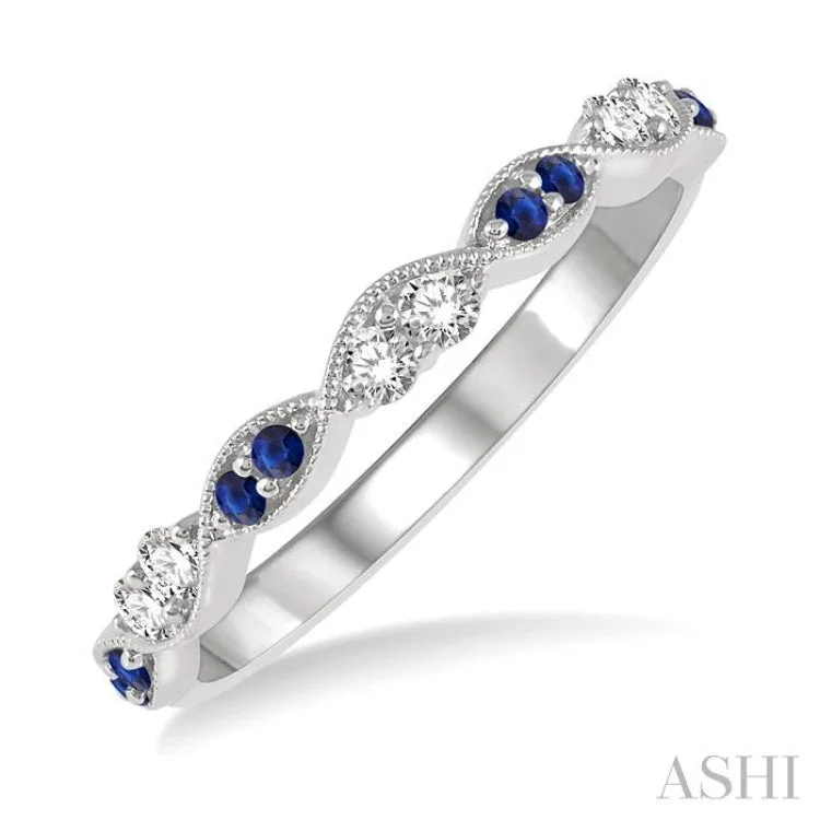 Women's antique style engagement rings-1.35 MM Round Cut Sapphire and 1/5 Ctw Round Cut Diamond Half Eternity Wedding Band in 14K White Gold