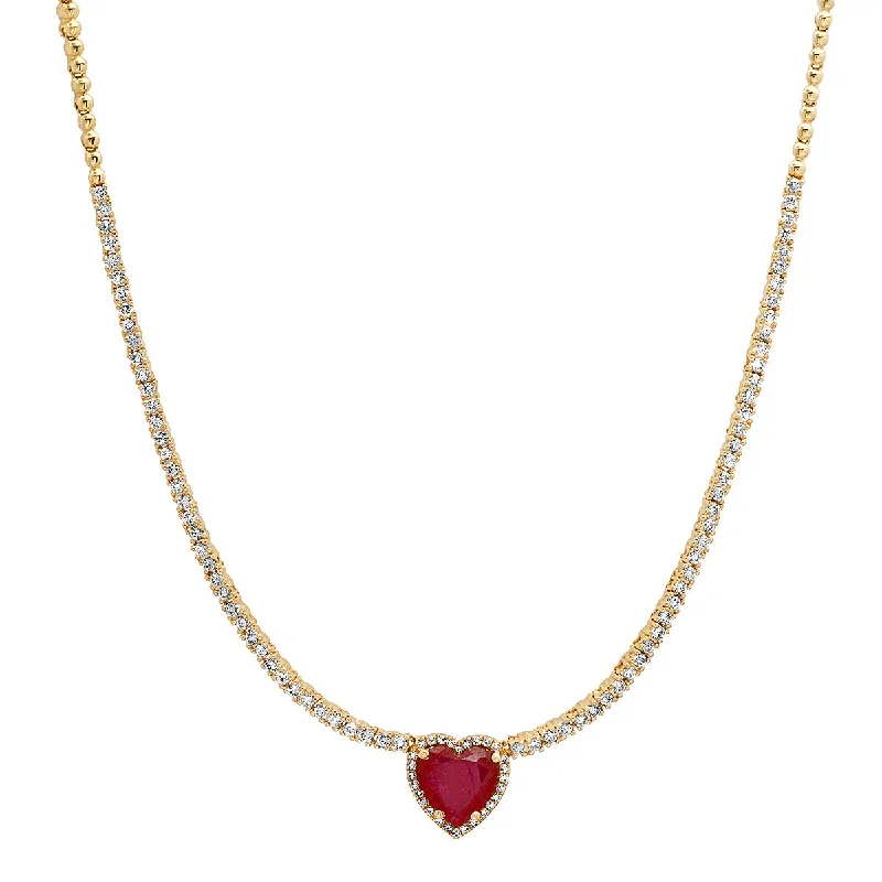 Women’s classic necklaces-Heart Shaped Ruby on Half Diamond Tennis Necklace