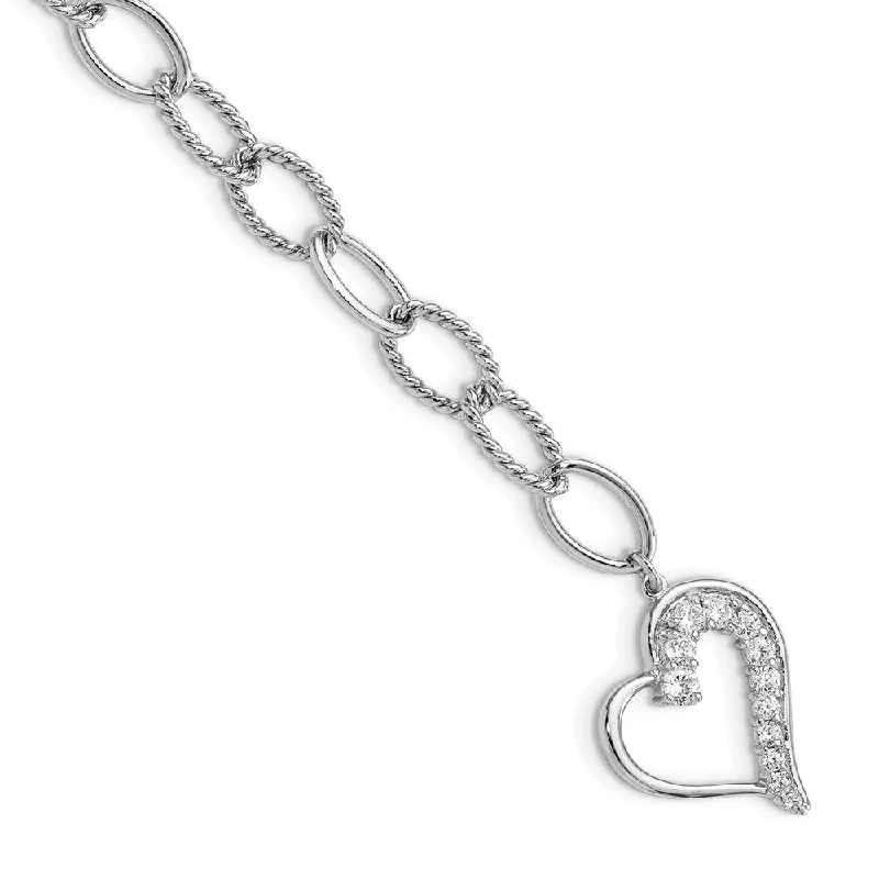 Women’s pearl bangles-925 Sterling Silver Rhodium Plated Journey Heart Cubic Zirconia Dangle Bracelet, 7.5"