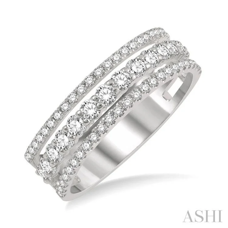 Women's unique engagement rings with diamonds-3/4 ctw Split Triple Ring Round Cut Diamond Fashion Ring in 14K White Gold