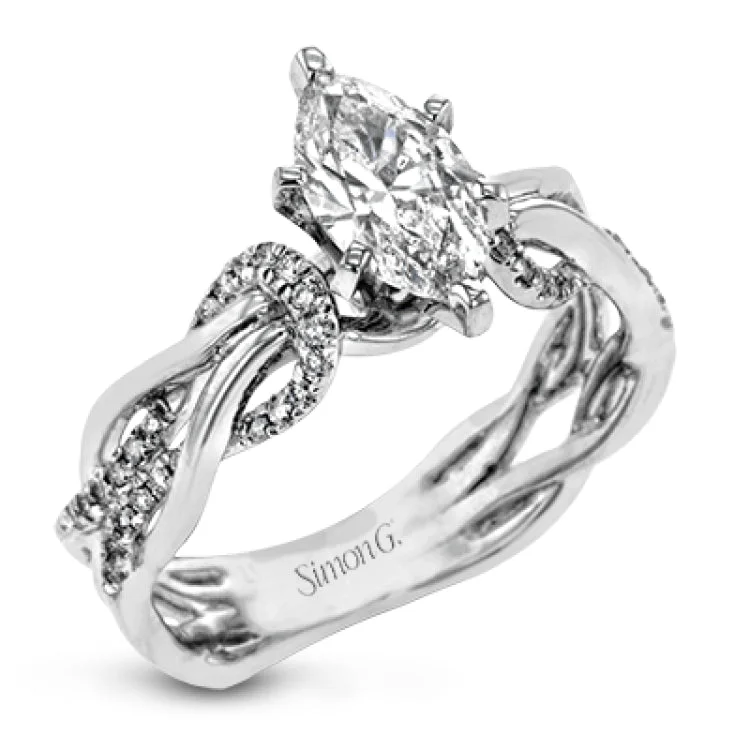 Women's classic solitaire engagement rings-This impressive contemporary white engagement ring features a unique twisting design on the shank, which is complemented by .17 ctw of round cut white diamonds.