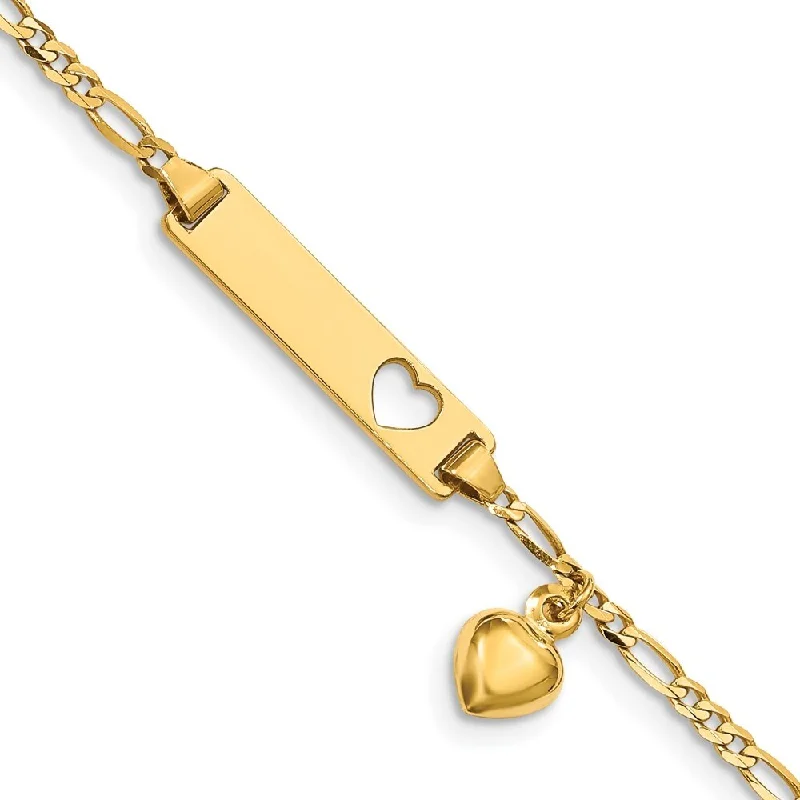 Women’s diamond charm bracelets-14k Yellow Gold 5mm Cut-out Heart w/Dangling Heart Children's Figaro Link ID Bracelet, 6"