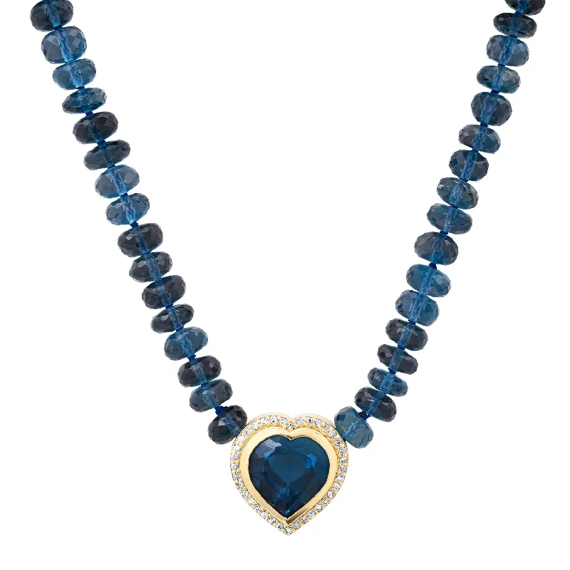 Women’s solitaire necklaces-London Blue Topaz Heart Necklace with Diamond Frame