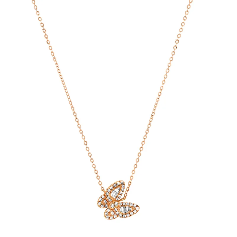 Women’s silver necklaces-Delicate Diamond Baguette Butterfly Necklace