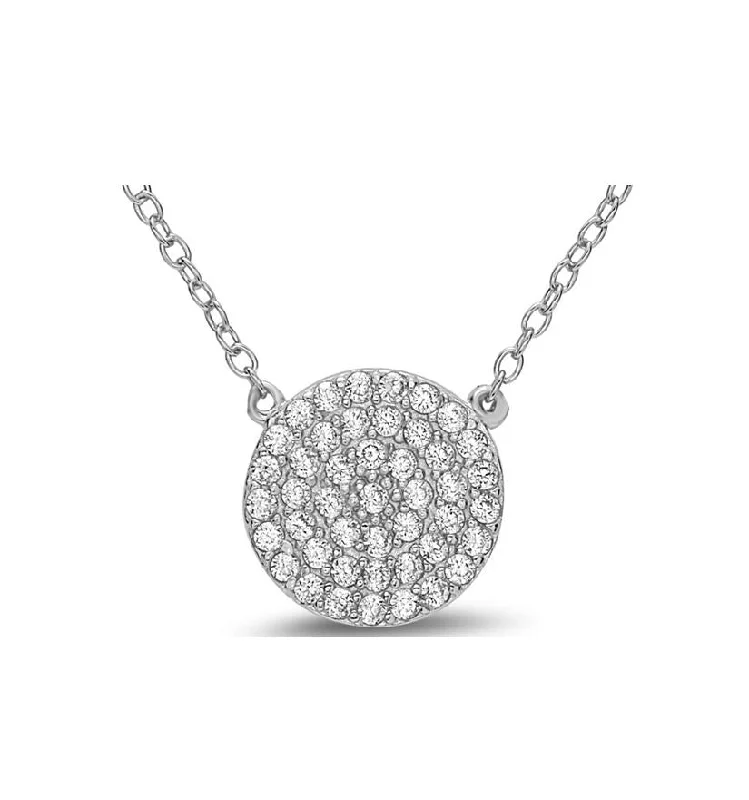 Women’s bar necklaces-Crystal Pave: Disk Charm in Sterling Silver Necklace (NCS4665)