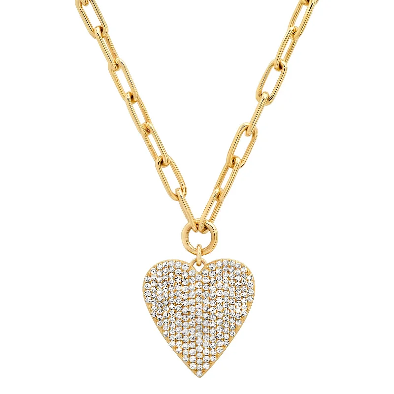 Women’s infinity pendant necklaces-Perfect Pave Diamond Heart on Paperclip Chain Necklace