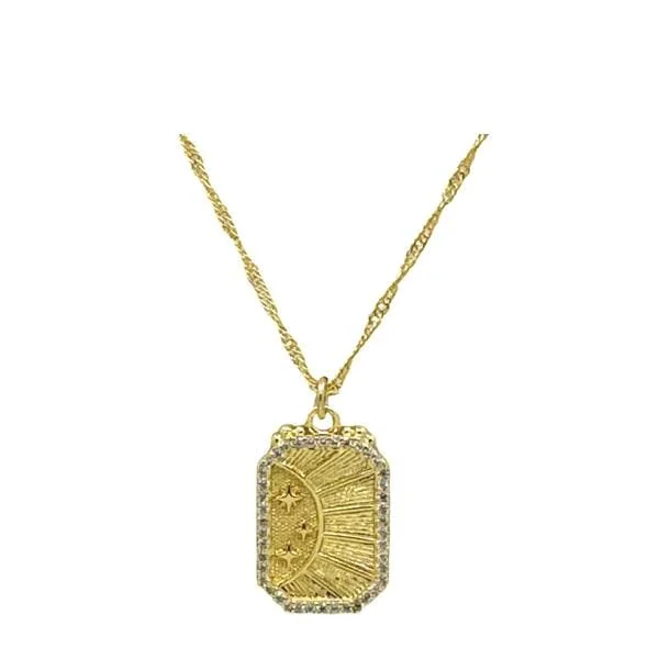 Women’s statement pendant necklaces-Celestial: Stars on Brushed 18kt Gold Fill With CZ Border (NGCP458ST)