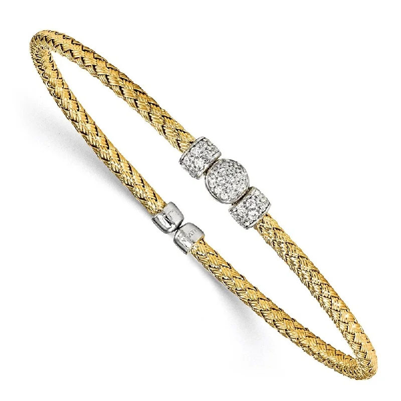 Women’s gold bangles-925 Sterling Silver Gold-tone Cubic Zirconia Woven Cuff Bracelet, 7"