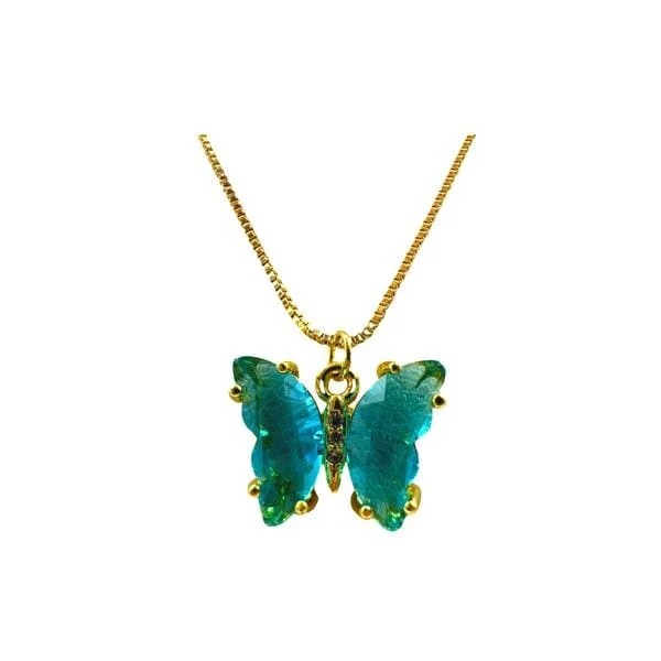 Women’s layered pearl necklaces-Glass Butterfly Pendant On Gold Fill Chain Aqua (NGCP5BFLQ)