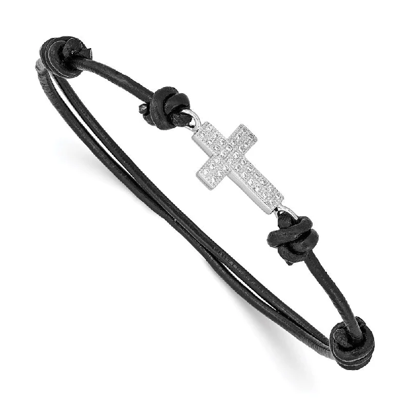 Women’s cubic zirconia bracelets-925 Sterling Silver Rhodium-plated Cubic Zirconia Cross Black Leather Adjustable Bracelet