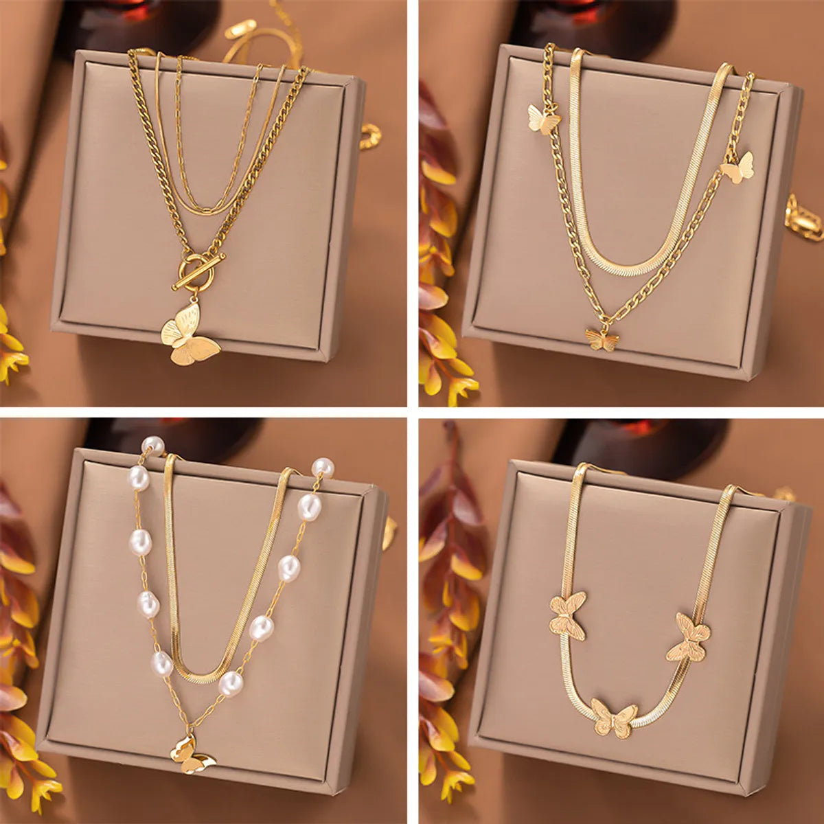 Women’s chain necklaces-Casual Elegant Butterfly Titanium Steel Toggle Pearl Plating Layered Necklaces