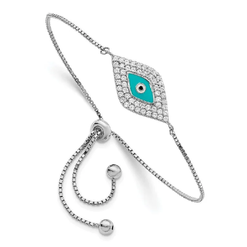 Women’s stacked bracelets-925 Sterling Silver Rhodium-plated Cubic Zirconia Blue Enamel Eye Adjustable Bracelet, 7.5"