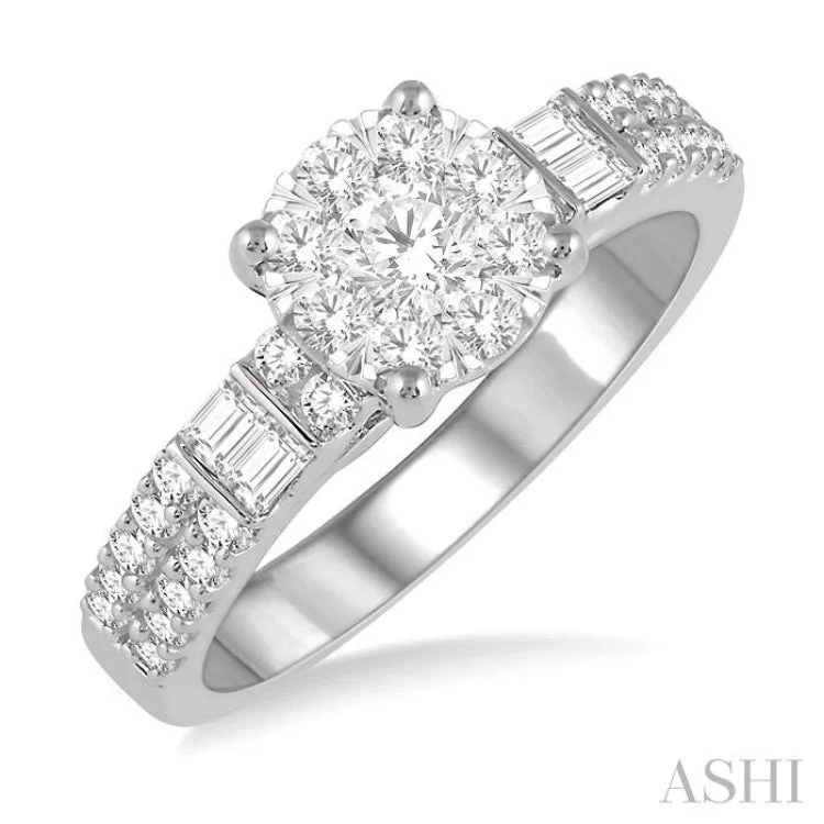 Women's diamond engagement rings with side diamonds-7/8 ctw Round and Baguette Diamond Lovebright Engagement Ring in 14K White gold