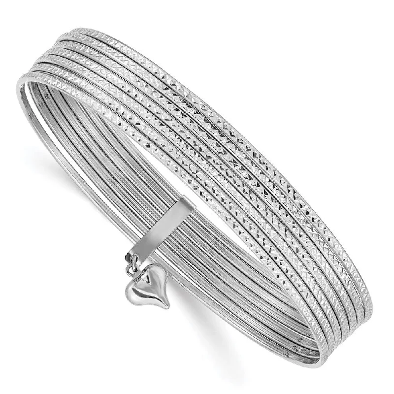 Women’s minimalist bracelets-14k White Gold 11mm Dangle Heart Textured Set of 7 Slip-on Bangle Bracelet