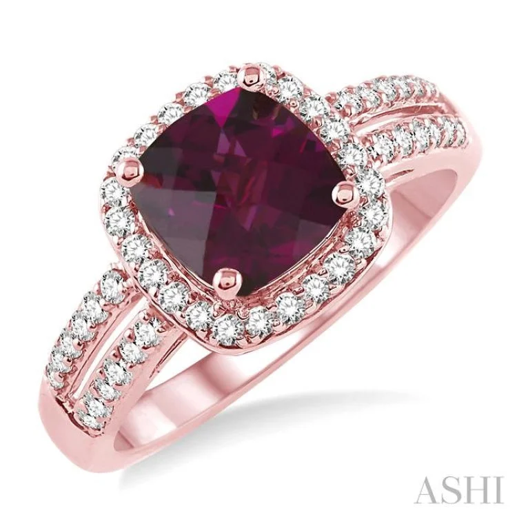 Women's sapphire engagement rings-7x7 mm Cushion Cut Rhodolite Garnet and 1/3 Ctw Round Cut Diamond Ring in 14K Rose Gold