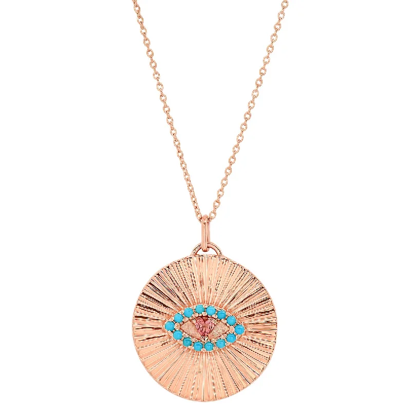 Women’s long gold necklaces-The Ashleigh Bergman Collective x My Story by Jackie Cohen Fluted Turquoise & Pink Tourmaline Evil Eye Coin Pendant