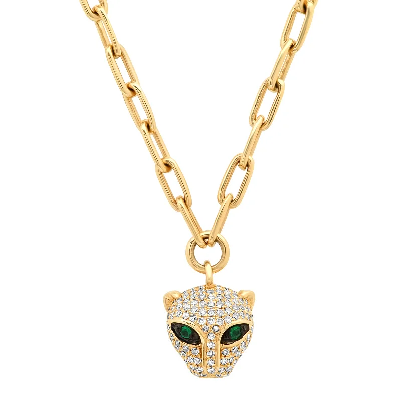 Women’s chain necklaces-Diamond and Emerald Panther Charm & Chain Necklace