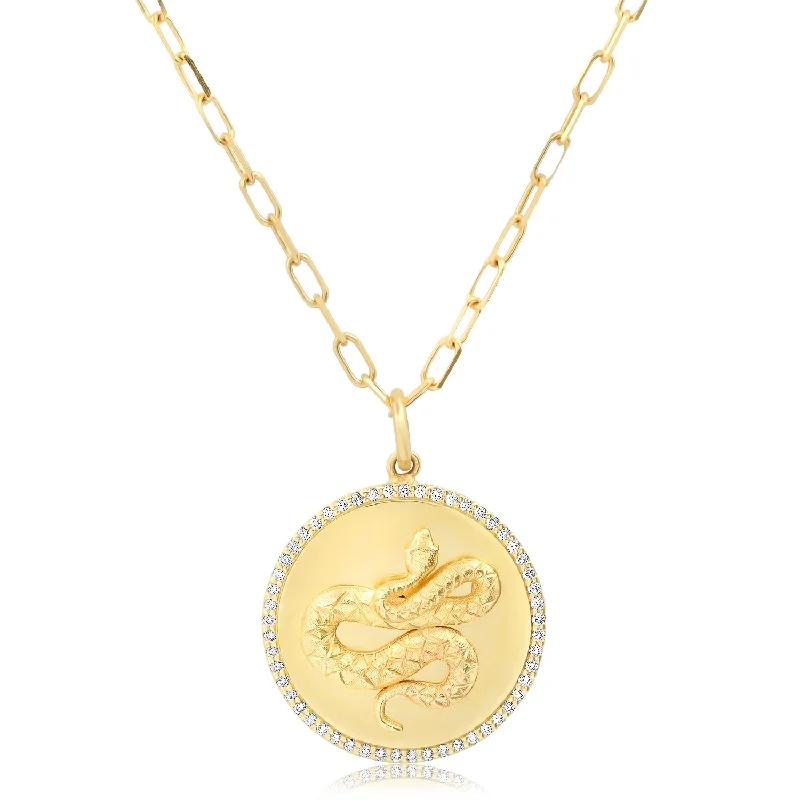 Women’s statement necklaces-Snake Coin Pendant Necklace with Diamond Frame