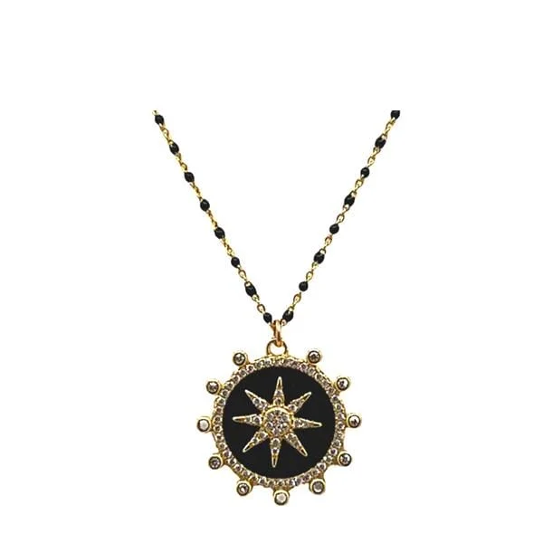 Women’s infinity necklaces-Enamel Starburst Charm on Plated or Gold Vermeil Beaded Chain: Black (_NGP756X)