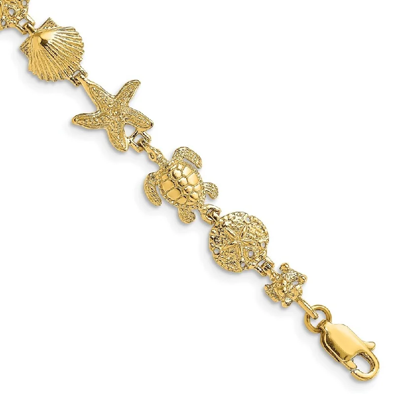 Women’s designer bracelets-14k Yellow Gold 10.13mm Polished Turtle, Sand Dollar, Shell and Starfish Link Bracelet, 7"