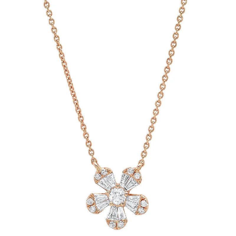 Women’s layered gold necklaces-Diamond Baguette Flower Pendant Necklace