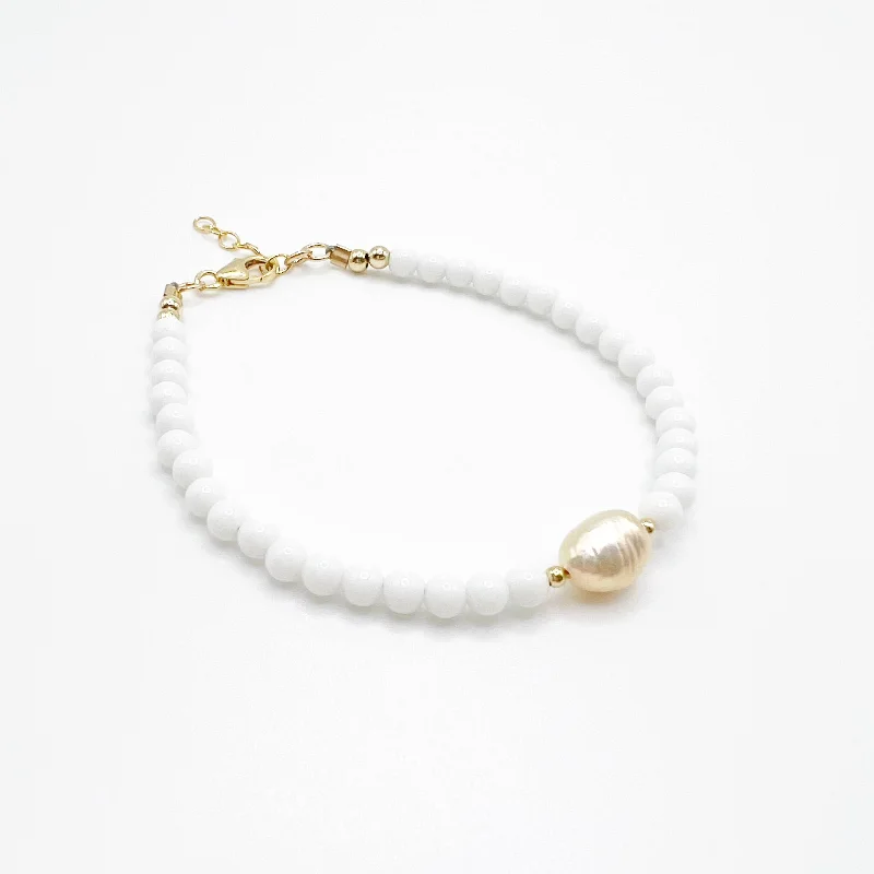 Women’s delicate bracelets-Sunrise Dainty White Jade Pearl Beaded Gold Filled Bracelet