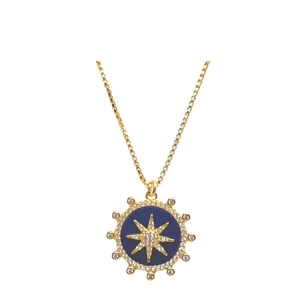 Women’s layered necklaces-Enamel Starburst Charm on 18kt Gold Fill Chain: Lapis (NGCP756LP)