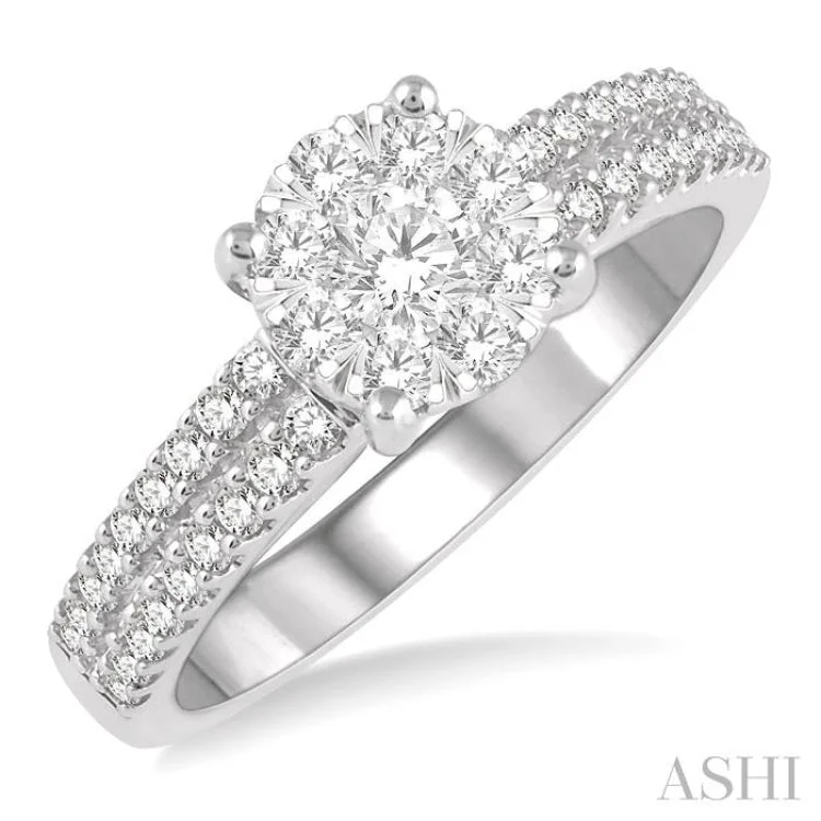 Women's designer engagement rings-3/4 ctw Round Lovebright Diamond Cluster Ring in 14K White Gold