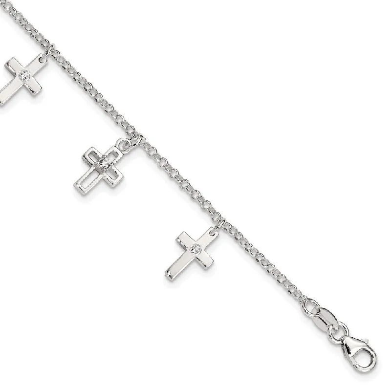 Women’s vintage silver bangles-925 Sterling Silver & Cubic Zirconia Cross Children's Bracelet, 5" w/1in Extender