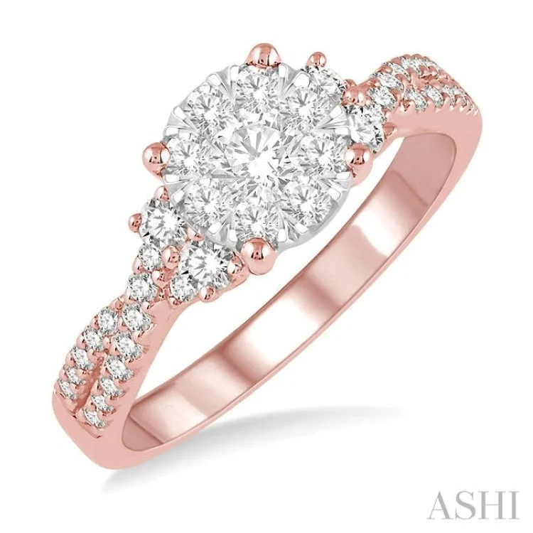 Women's designer engagement rings-3/4 ctw Crossed Split Shank Lovebright Diamond Cluster Ring in 14K Rose and White Gold