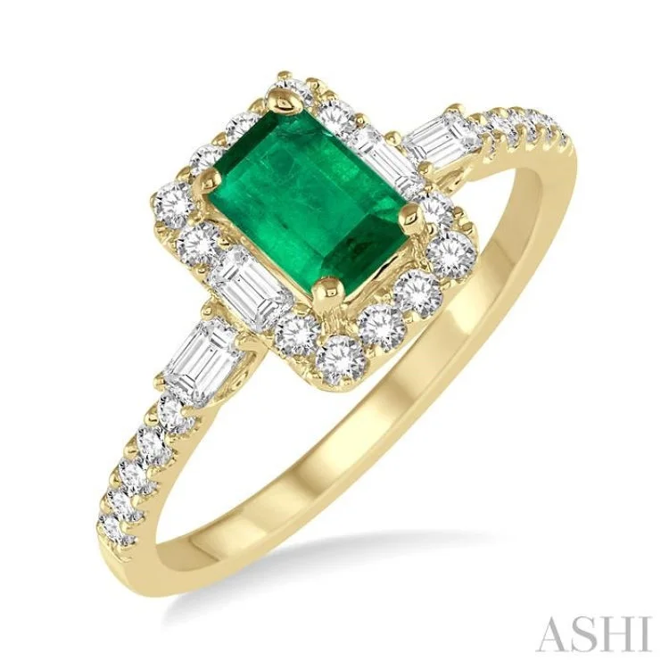 Women's engagement rings with side sapphires-6x4 MM Octagon Cut Emerald and 1/2 ctw Round Cut Diamond Precious Ring in 14K Yellow Gold