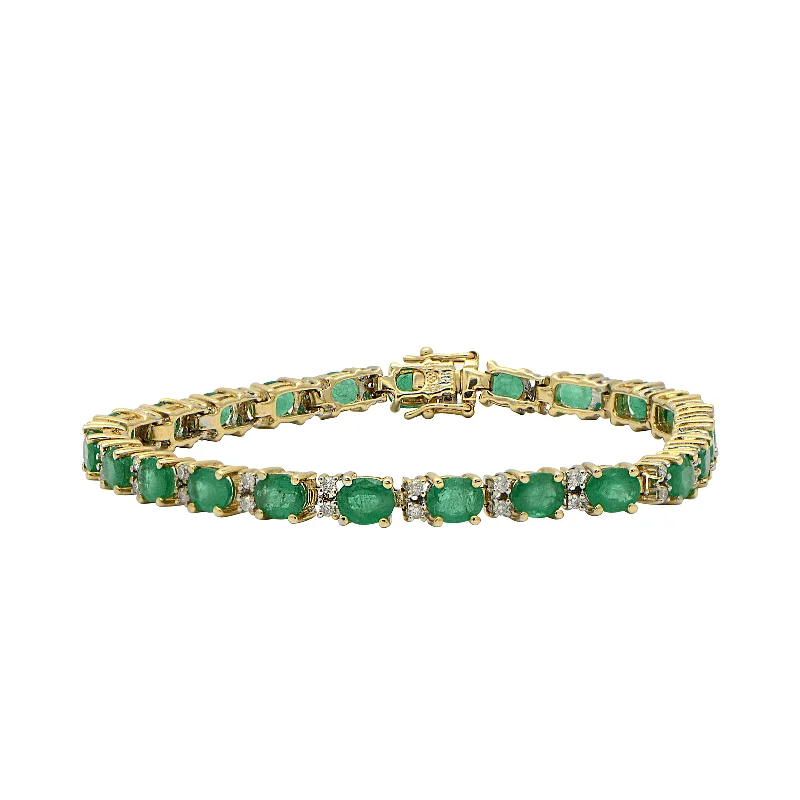 Women’s personalized bracelets-"BRAC01355" Oval Emerald and Round Diamond Yellow Gold Tennis Bracelet