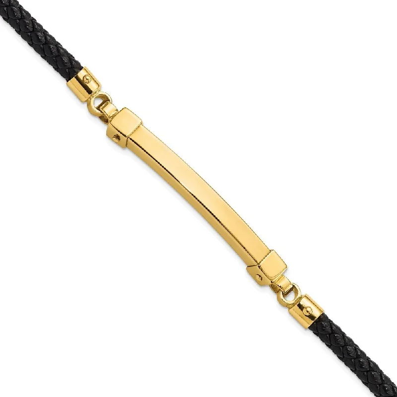 Women’s large bangle bracelets-14k Yellow Gold Polished Bar Leather Bracelet, 8"