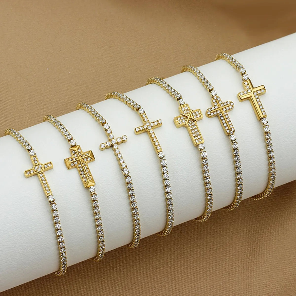 Women’s nature-themed bracelets-Titanium Steel Gold Plated Elegant Simple Style Plating Cross Artificial Diamond Bracelets