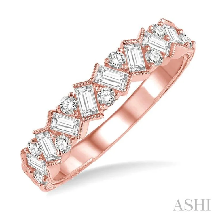 Women's white gold engagement rings-5/8 ctw Zigzag Baguette and Round Cut Diamond Ring in 14K Rose Gold