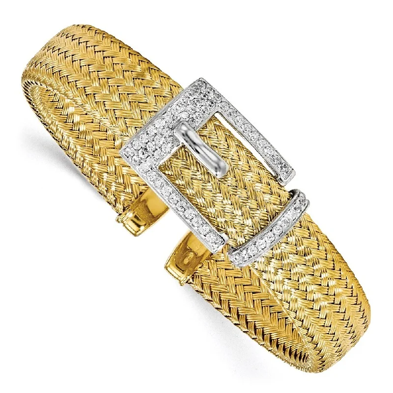 Women’s gold tennis bracelets-925 Sterling Silver Gold-plated 12.5mm Cubic Zirconia Woven Cuff Bangle Bracelet, 6.75"