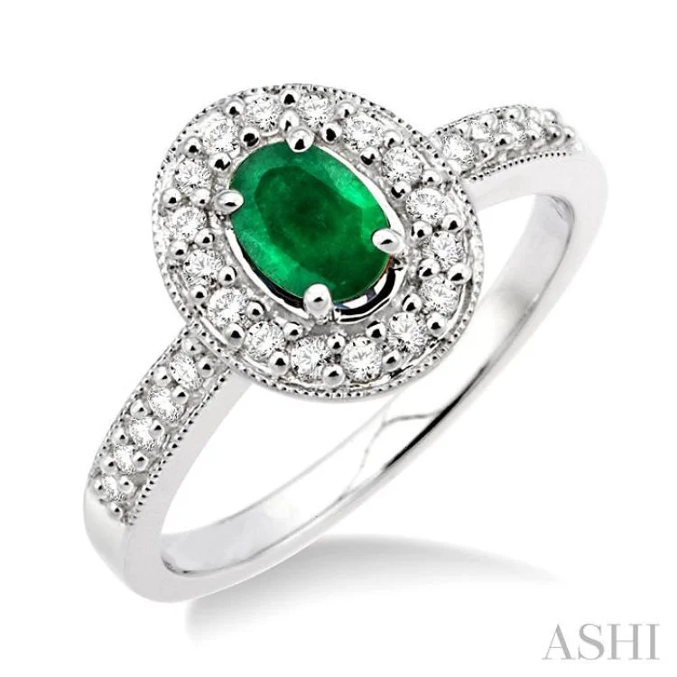 Women's engagement rings with diamonds-6x4 MM Oval Cut Emerald and 1/4 ctw Round Cut Diamond Ring in 14K White Gold