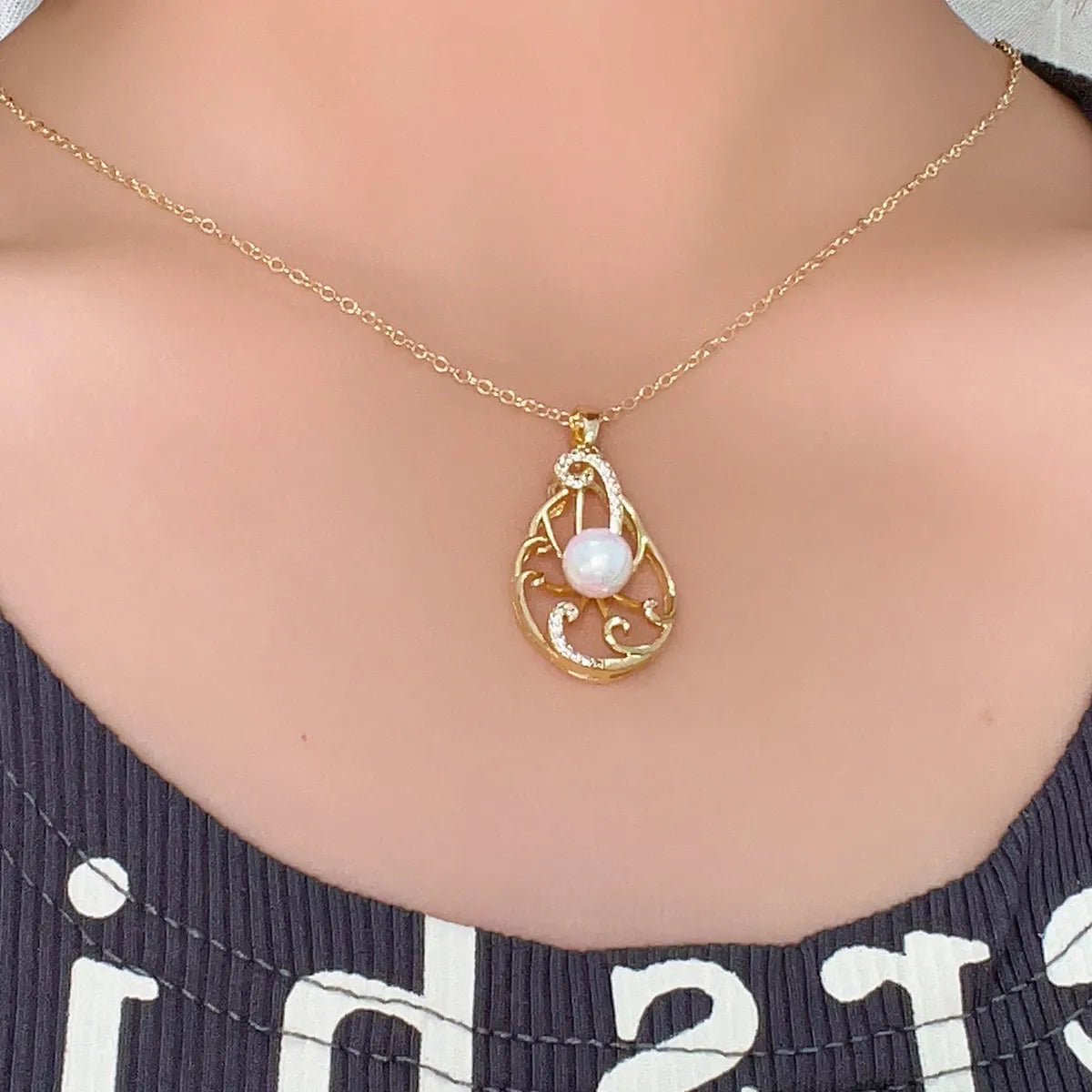 Women’s customized necklaces-Ig Style Elegant Original Design Water Droplets Copper Plating Inlay Pearl Zircon White Gold Plated Gold Plated Pendant Necklace