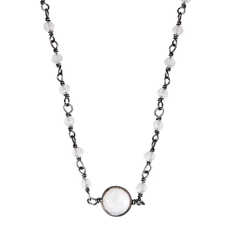 Women’s luxury pearl necklaces-Labradorite Rosary Necklace with Moonstone Center Stone black rhodium .925 sterling silver